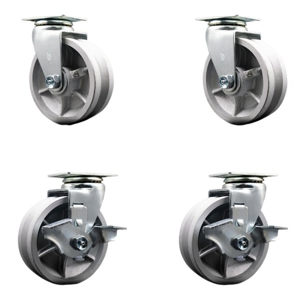 5'' V-Groove Semi Steel Swivel Caster Set with Bronze Bearings 2 Brakes, 4PK